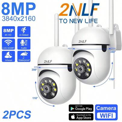 2NLF Pack 2 Cámaras de Vigilancia Inalámbricas 8MP | WiFi6 Banda Dual 2.4G/5G | Zoom 4X | Seguimiento AI de Personas | Audio Bidireccional | Visión Nocturna Color HD 1080*1920 | PTZ 360° | IP66 Impermeable | Almacenamiento MicroSD/Nube | Compatible 390eyes | Ideal para Hogar, Exteriores y Oficinas