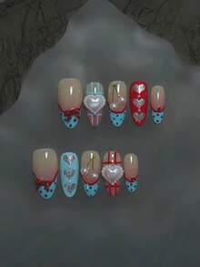 10片情人节手工中号杏仁形美甲贴片 - 心形3D蝴蝶结猫眼亚克力美甲 - 优雅假指甲套装 | 美国甜心 包含：1片果冻胶和1个指甲锉 - 彩色 - 查看 1