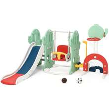 Juego de juegos multifunción independiente: tobogán infantil con columpio, aro de baloncesto, accesorios deportivos y estructura robusta para una diversión versátil en interiores y exteriores, verde - Verde - Ver 7