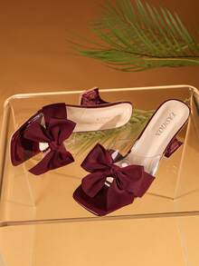 女士方头绑带闪亮水晶高跟凉鞋，亮面高跟鞋，时尚百搭户外防滑耐磨粗跟拖鞋，酒红色蝴蝶结装饰高跟鞋，适合派对、宴会、婚礼、聚会、春夏秋季穿着，可搭配连衣裙和正装，女士夏季鞋履 - 酒紅色 - 查看 8