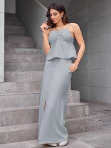 REF: AS1448 Terno Feminino de Duas Peças, Saia de Cintura Alta e Top Suspensório com Alças Ajustáveis, Estilo Chique, Elegante e Moderno, Look Casual e Sofisticado para a Primavera e Verão, Cores Vibrantes, Terno Feminino Elegante para Mulheres Modernas - Azul - Visão 4