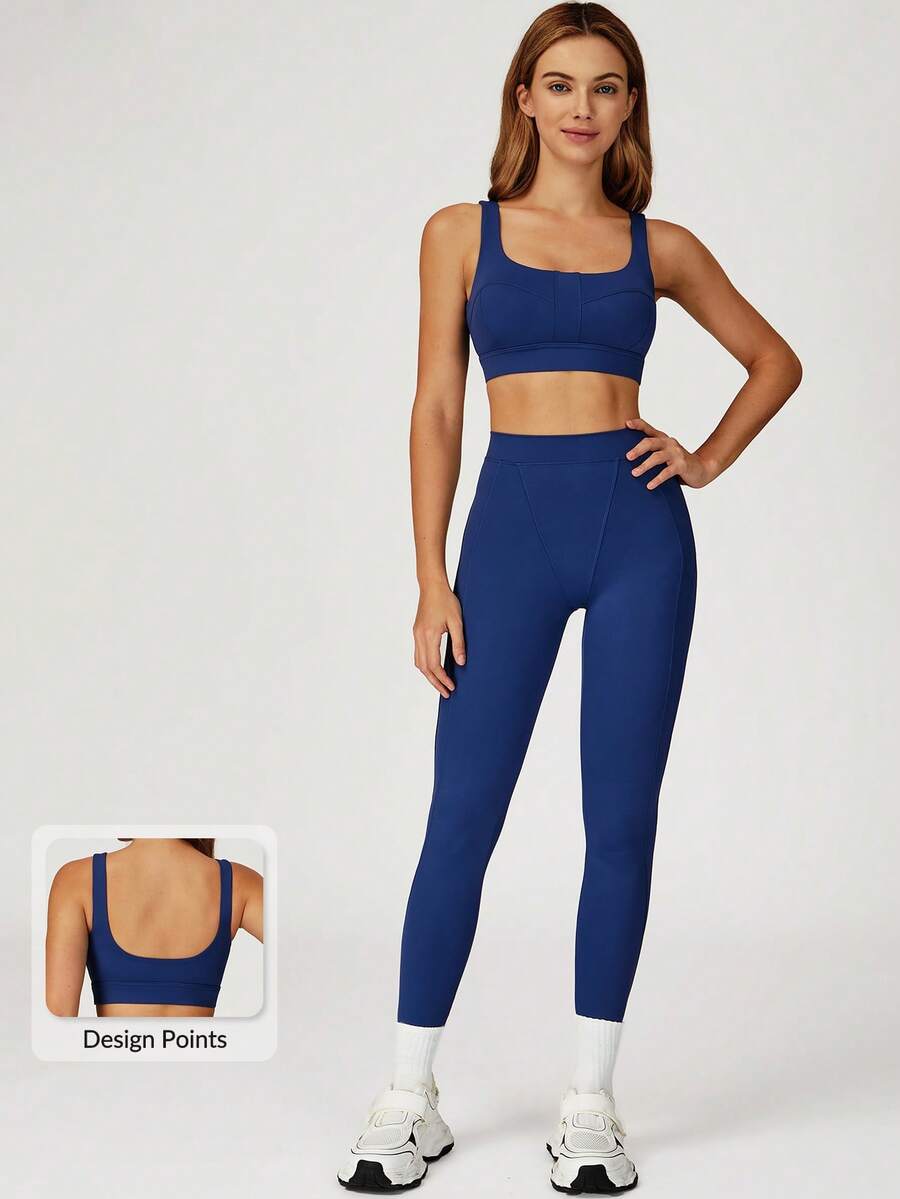 MASKERT Conjunto deportivo para mujer: Sujetador deportivo de cuello cuadrado + Pantalones de yoga de cintura alta y ajuste ceñido, de piel amigable y que realza la figura, conjunto de 2 piezas para fitness, entrenamiento, correr y actividades al aire libre - Azul Marino - Ver 1