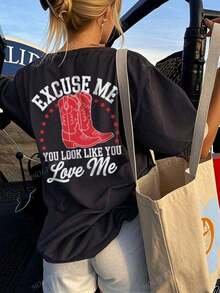 EXCUSE ME Ladies' Summer Street Red Boot Pattern Personalized Print Pattern Round Neck T-Shirt Western Style Clothing Women's Top. Graphic Tees Women Pink Top-White And Navy Off-The-Shoulder Cropped Top- Unisexideal Para Amigos - 黑色 - 查看 9