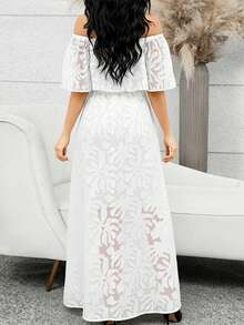 White Layered Off-Shoulder Dress With Lining, High Slit, Elegant Woven Fabric, Suitable For Weddings, Summer Clothes, Vacation Outfits, White Graduation Dress - White - View 4