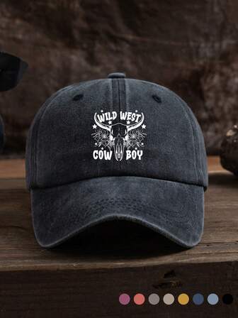 1 pieza Gorra de béisbol casual de moda para hombre "WILD WEST" con estampado de cabeza de toro, lavada, con letras, suave, ajustable, adecuada para uso diario