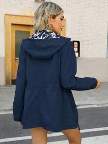 Women's Floral Casual Coat, Reversible, With Pockets, Zipper Design, Comfortable Wear, Suitable For Daily Use, Drawstring Design, Fashionable Autumn Spring - Navy Blue - View 2