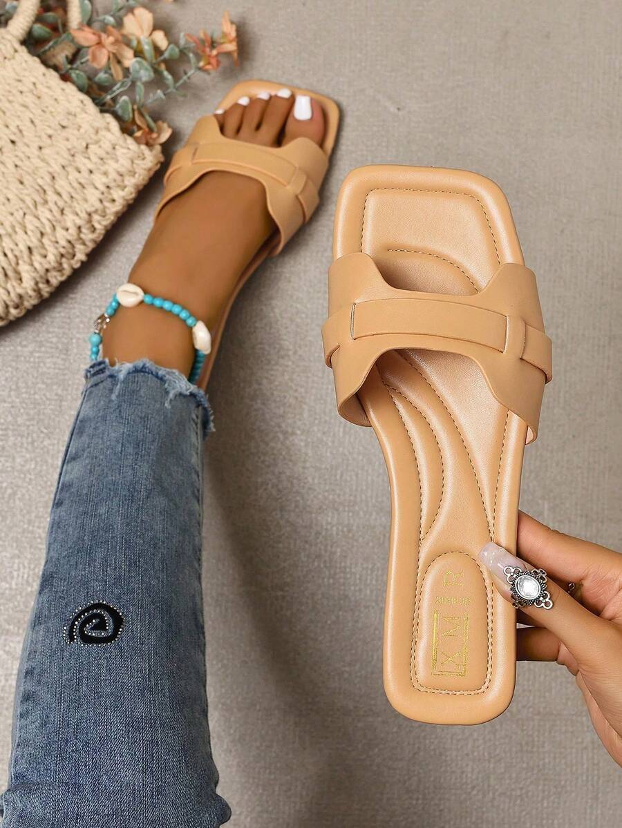 Ximi Ruo Dép lê quai ngang thời trang xuân/hè mới, dép lê đế bằng mũi tròn thoải mái, dép đi biển tiện dụng, dép đế bằng trang trí đa năng cho mùa hè. - Màu be - Xem 1