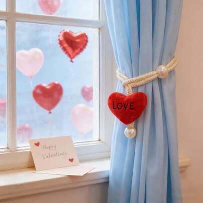 4PCS Red Plush Heart Curtain Tiebacks With Pearl Decor, Valentine's Day Bedroom Window Curtain Holdbacks