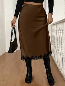 Dila Polly 女士真丝缎面 A 字中长裙，蕾丝拼接，优雅飘逸的丝滑长裙 - 咖啡棕 - 查看 3