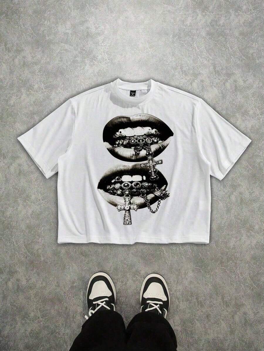 100% Cotton Suitable For All SeasonsManfinity Men's Lip Print Round Neck Short Sleeve Cropped Loose T-Shirt Mouth Graphic Tee Streetwear180g 100% Cotton - 白2 - 查看 1