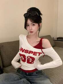 Áo thun dài tay nữ trễ vai in chữ và số, kiểu dáng thường ngày. - trắng - Xem 3