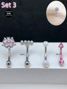 4pcs/Set Y2k Pink 16g Eyebrow Ring Cross Heart Flower Butterfly Curved Barbell Cartilage Tragus Eyebrow Piercing Jewelry Bat Faux Pearl Eye Labret Lip Jewelry Moon Devil Daith Tragus Rook Helix Earring Navel Small Belly Button Ring Eyebrow Lip Studs For Women Men Daily Party Wear - Pink - View 9