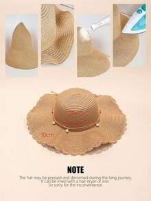 Cirelle 1pc Women's Khaki Wave Beach Sun Hat With Faux Pearl & Bowknot Detail, Elegant Beach Travel Vacation Sun Hat - Khaki - View 5