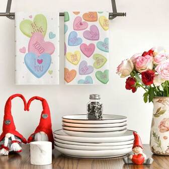 Een set van 1,5 handdoekjes met Valentijnsdagthema, ontworpen met kleurrijke hartjes en letters, geweven van 100% polyestervezel, met een afmeting van 40 x 60 centimeter. Gemaakt van machinewasbaar polyester, is het hittebestendig, vlekbestendig, waterdicht en gemakkelijk schoon te maken. Het is geschikt voor het afvegen van tafels en kommen en kan gebruikt worden als cadeau, huishoudelijk artikel, keukenhulpmiddel en Valentijnsdagdecoratie.