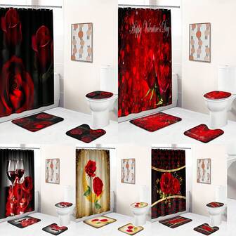 1件/4件情人节黑色背景红色玫瑰浴帘套装，哥特式黑色玫瑰浴帘地毯套装装饰，可水洗涤纶浴帘带12个挂钩，防滑浴室地毯，U型马桶垫，马桶座套