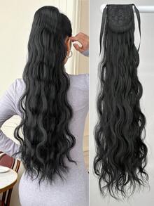 30-Inch Black Wavy Synthetic Fiber Clip-In Hair Extensions, Creates Long Ponytail Look - Black - View 12