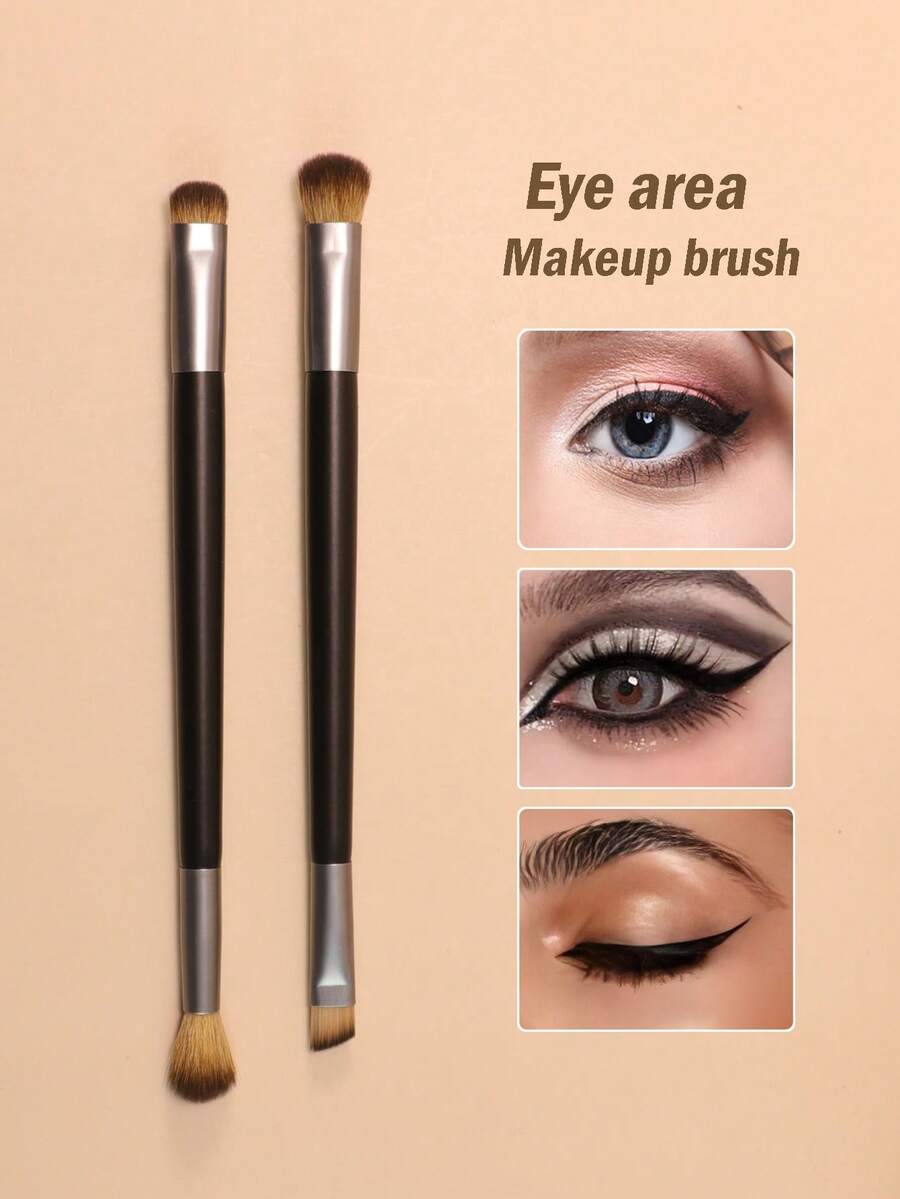 2pcs Eye Makeup Dual-Ended Brush Set, For Enhancing Eye Makeup, Suitable For Lining, Blending, Smudging And Shading - Black - View 1