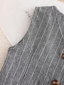 2pcs/Set Girls' Summer Collegiate Style Solid Color Cardigan Camisole V-Neck Sleeveless Vest Top + Gray Striped Simple Bow Pleated Skirt, Children Casual Outfit For Daily Wear, Outdoor, Vacation - Grey - View 5