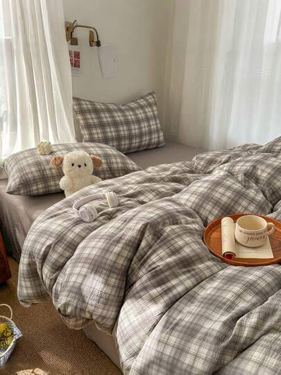 4件套灰色格子被套组，日式简约风格，亲肤柔软双层涤纶面料，男女通用，可定制图案（1个被套+1个床单+2个枕套），卧室装饰，节日礼物，不含填充物，枕套图案随机裁剪