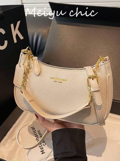 新款时尚经典百搭M字母图案PU防水面料单肩包，印花设计金属链条装饰法式长棍包，女士单肩包，适合购物、通勤、旅行