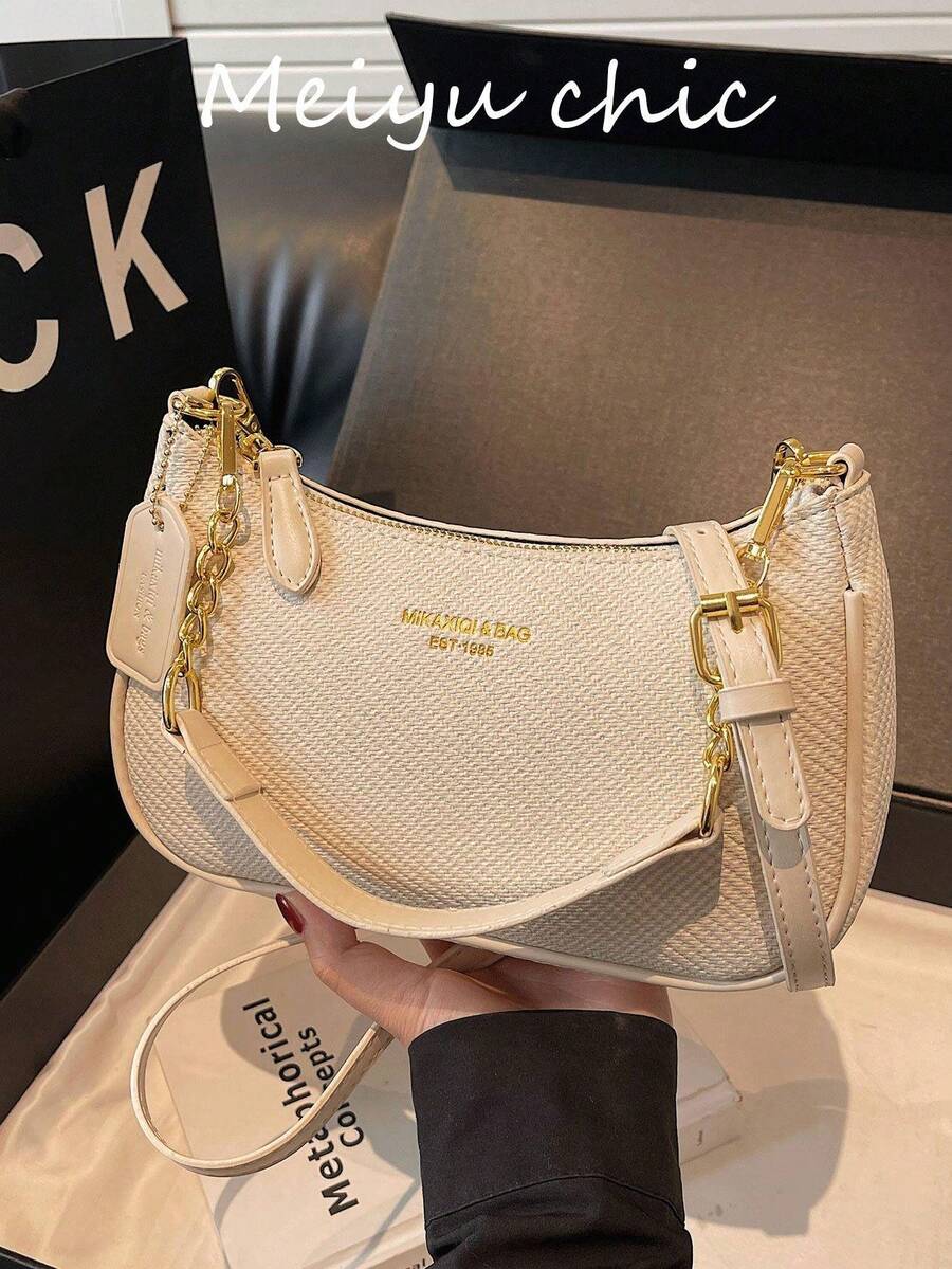 新款时尚经典百搭M字母图案PU防水面料单肩包，印花设计金属链条装饰法式长棍包，女士单肩包，适合购物、通勤、旅行