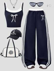 女童时尚休闲新款两件套，蝴蝶结印花，吊带上衣搭配侧条纹裤，适合夏季户外活动、日常聚会、旅行等。 - 寶藍色 - 查看 5