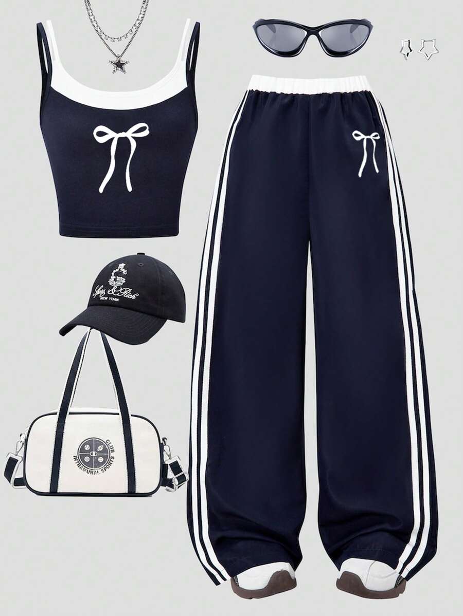 女童时尚休闲新款两件套，蝴蝶结印花，吊带上衣搭配侧条纹裤，适合夏季户外活动、日常聚会、旅行等。 - 寶藍色 - 查看 1