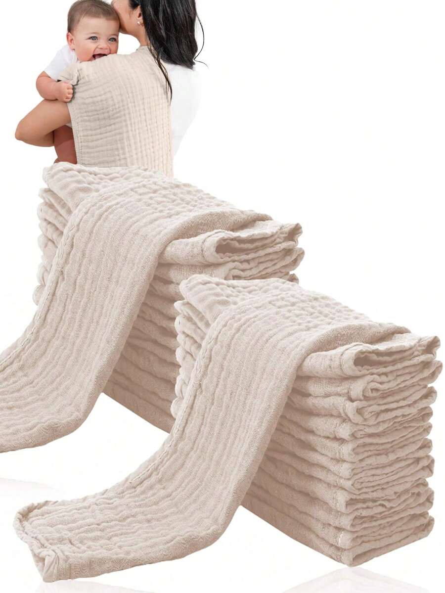 24 Pcs/12Pcs Muslin Burp Cloths For Baby - Ultra-Soft 100% Cotton Baby Washcloths - Large 20'' By 10'' Super Absorbent Milk Spit Up Rags - Burpy Cloths For Unisex, Boy, Girl - Brown - 彩色 - 查看 1