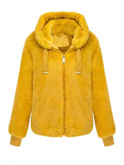 Risissida Women Short Faux Fur Hooded Jacket With Drawstring And Pockets, Solid Color Design, Suitable For Spring, Autumn And Winter