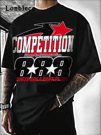 Lonblece Herren Sportshirt mit Kurzarm, Besatz mit Stern- und Zahlenprint, Rundhalsausschnitt, geeignet für lässigen Tragen im Frühling und Sommer