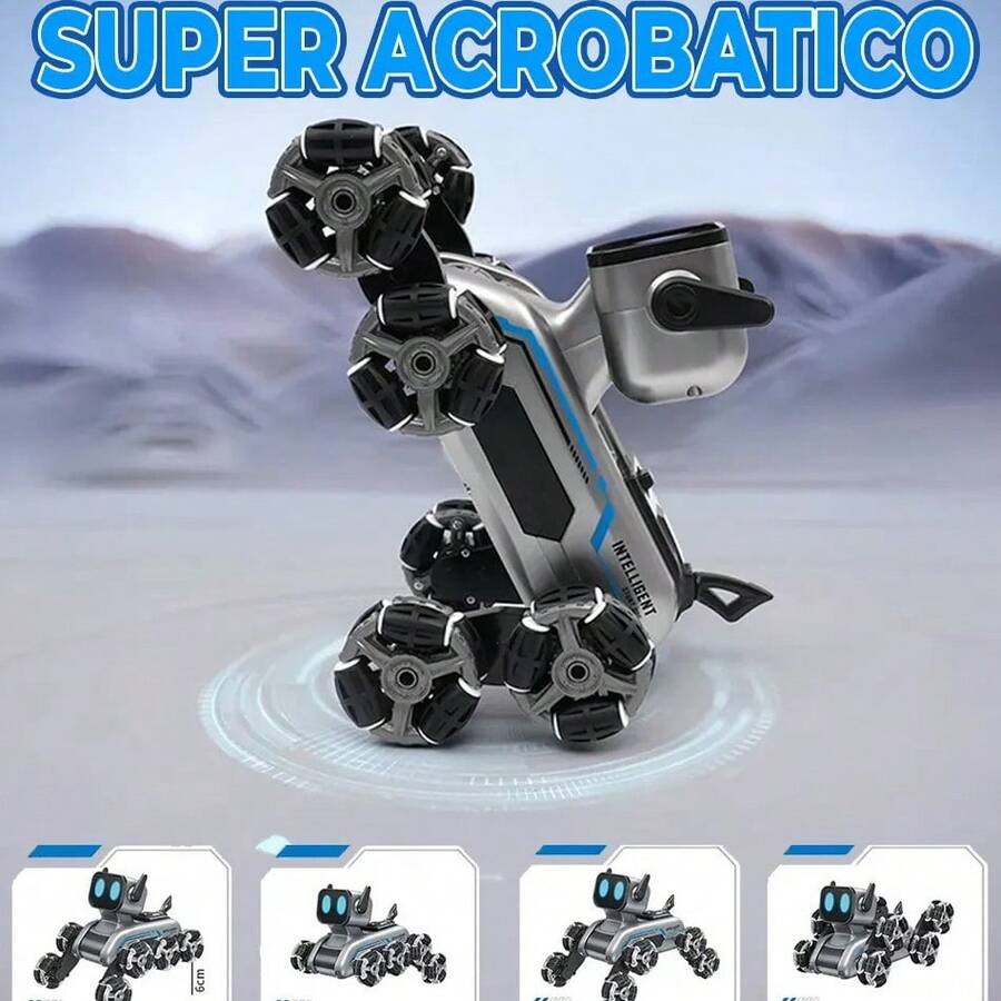 PERRO ROBOT ACROBACIAS - Juguete De Control Remoto Con Luces LED RGB, Sonido y Expulsión de Humo - Giro 360° - Excelente opción para regalarle a tus hijos - Plateado - Ver 1