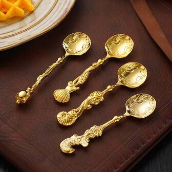 Juego de 4 cucharitas de café con tema vintage del océano - Cucharitas de postre creativas con diseño en relieve de conchas marinas y peces, cucharitas coleccionables mini para cóctel y té