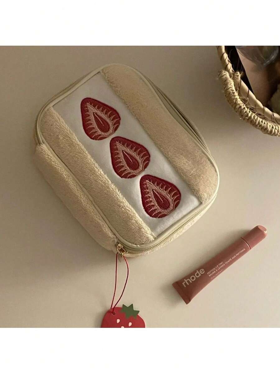 1pc Strawberry Sandwich Design Pencil Case, High-Capacity Card Holder Stationery Bag, Plush Sanitary Pad Organizer, Sticker Storage Pouch - Plush - View 1