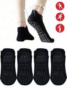 4 Pairs Women Yoga Socks With Non-Slip Grip, Suitable Pilates, Ballet, Dance, Barefoot Exercises, Toeless Non-Slip Socks, Elastic Sports Socks ISOZ - Black - View 2