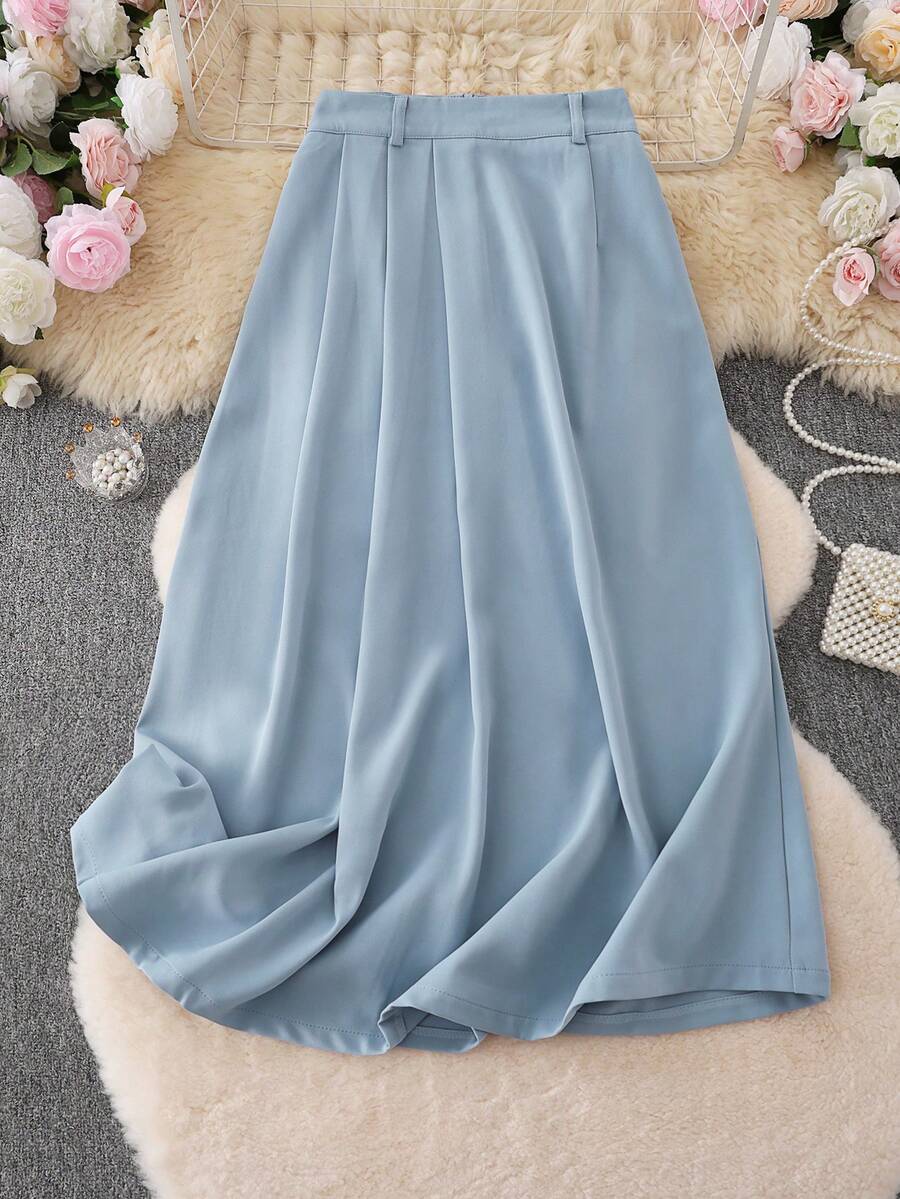Solid Color Casual Elegant Ruffle Hem Back Slit Skirt With Pockets ...