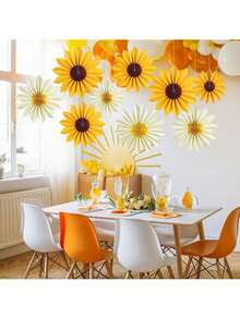 7pcs Sunflower Theme Party Decorations, Paper Sunflower Birthday Party Paper Fans, Bulletin Board Decor, Yellow Paper Flowers Wall Hanging, Sunflower Theme Party Supplies, Baby Shower - Multicolor - View 6