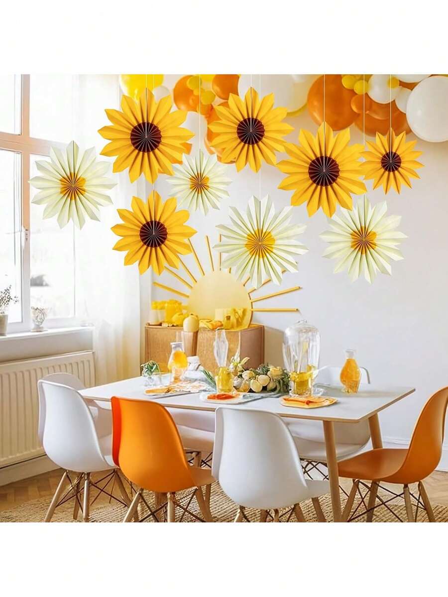 7件套向日葵主题派对装饰品，纸质向日葵生日派对纸扇，公告板装饰，黄色纸花墙饰，向日葵主题派对用品，婴儿派对 - 彩色 - 查看 1