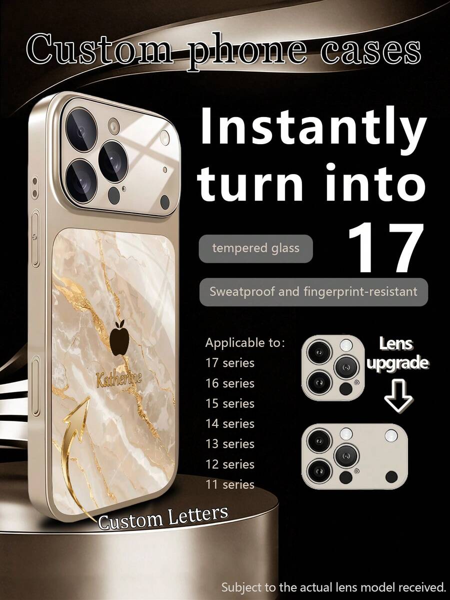 1pc Customized Name, Gold Marble Texture Apple Design Luxury Fashion Large Window Tempered Glass With Lens Protection Matte Finish Phone Case Compatible With IPhone 17/17Pro/17ProMax/17Air/16/16Pro/16ProMax/16Plus/15/15Plus/15Pro/15ProMax/14/14Plus/14Pro/14ProMax/13/13Pro/13ProMax/12/11 Phone Accessories, Full Coverage High-End Protective Cover - Gold - View 1