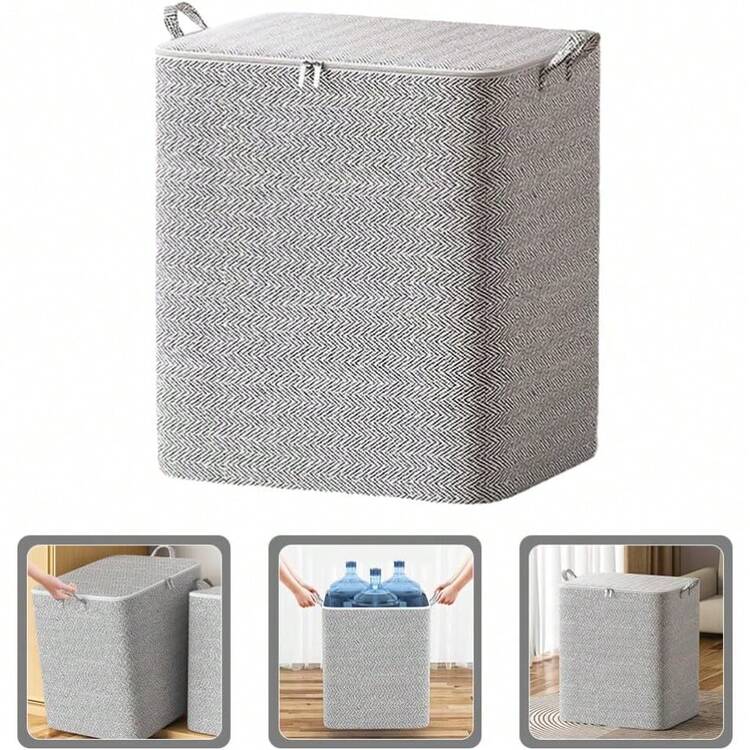 Grey & White Minimalist Fabric Storage Organizer Bag, Suitable For Blankets And Clothes, Zipper Design, Ideal For Wardrobe Organization - Multicolor - View 7