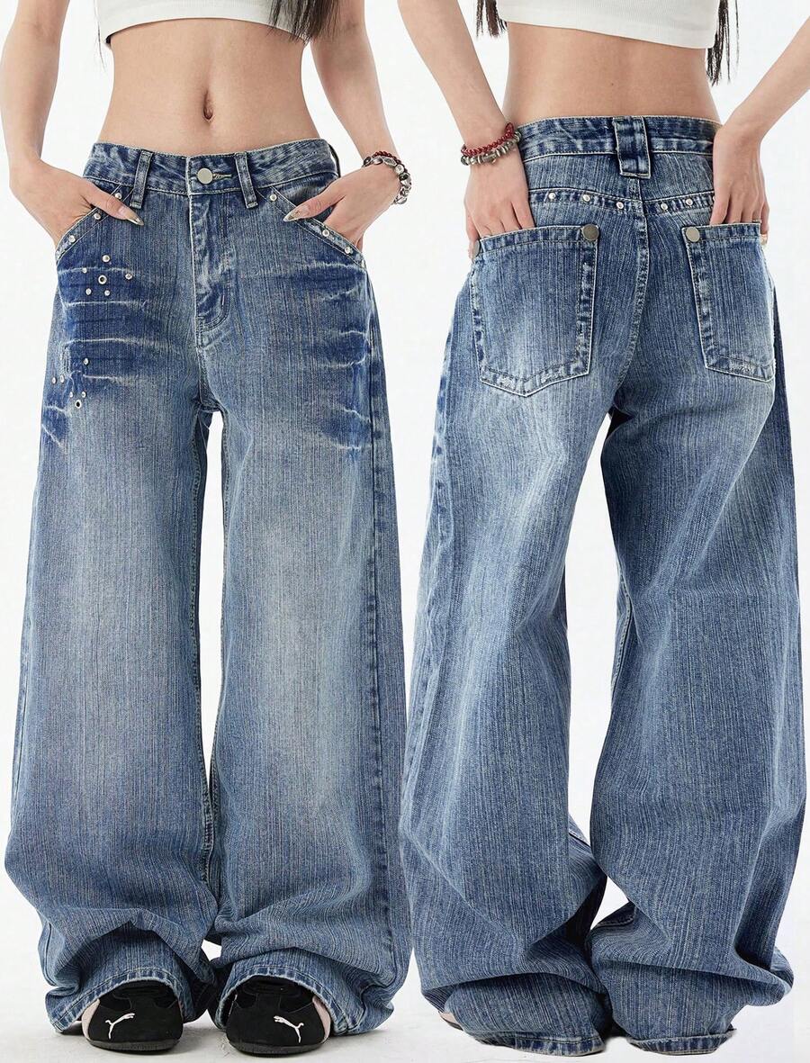Womens Rivet Wide Leg Jeans Low Rise Baggy Jeans Straight Denim Pants Fall - 藍色 - 查看 1