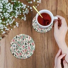 6pcs Mahjong Themed Wooden Coasters - 3.94 Inch Round, Red And Black Design With Chinese Characters And Flowers, Ideal For Hot And Cold Drinks, Perfect Coffee Table Decor And Home Gifts, Coasters | Vibrant Coaster Design, Choose 1 Set Or 31 Sets - Multicolor - View 4