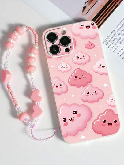 1 ốp lưng điện thoại TPU màu trắng họa tiết mây chống sốc & 1 dây đeo hình trái tim màu hồng, tương thích với các điện thoại Apple/Android như 17 Pro Max, 16 Pro Max, A52 4G, A31 4G, A23, Note 11 Pro 4G, Note 12 4G, A54, A14, A54, Galaxy S25 Ultra, Galaxy S24 Ultra