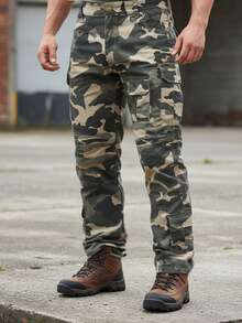 Plus Size Men's Camouflage Multi - Pocket Flap Cargo Pants, Loose Fit Tactical Work Pants For Outdoor Hiking, Hunting, Casual Wear - 卡其色 - 查看 1