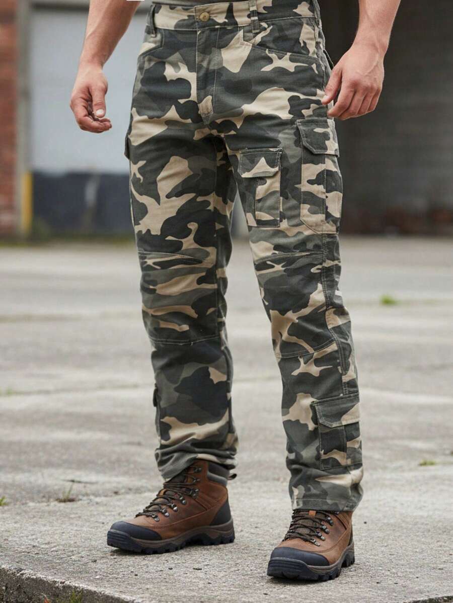 Plus Size Men's Camouflage Multi - Pocket Flap Cargo Pants, Loose Fit Tactical Work Pants For Outdoor Hiking, Hunting, Casual Wear - 卡其色 - 查看 1