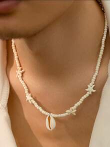 1 件男士波西米亚海星椰子壳串珠颈链，带圆眼珍珠珠，独特时尚项链 - 白色 - 查看 6