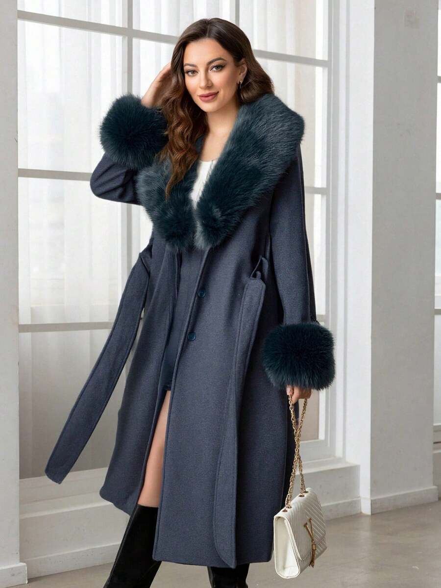 Women's Wool Blend Coat With Faux Fur Collar, Cuffs And Belt - Fashionable Long Jacket For Cold Weather - Light Blue - View 1