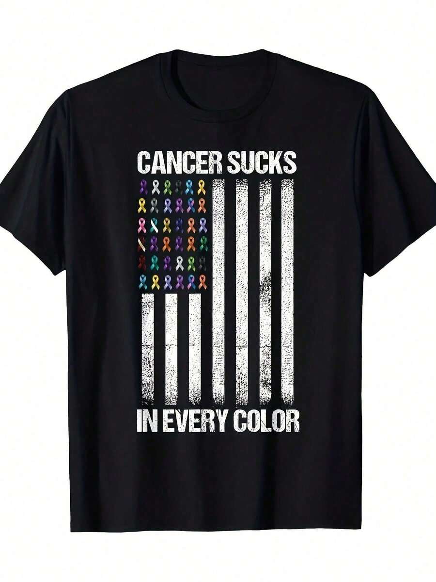 Camiseta "Cancer Sucks In Every Color" con banderas y cintas de EE. UU. - 220g - Negro - Ver 1