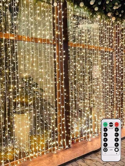 1串300颗LED灯珠的仙女灯串，窗帘灯，带遥控器，8种模式，防水，USB供电，卧室窗户圣诞派对铜线灯，家居装饰，适用于派对、婚礼、圣诞节、室内/室外万圣节（300颗LED灯珠 - 暖白光）、秋季、圣诞节