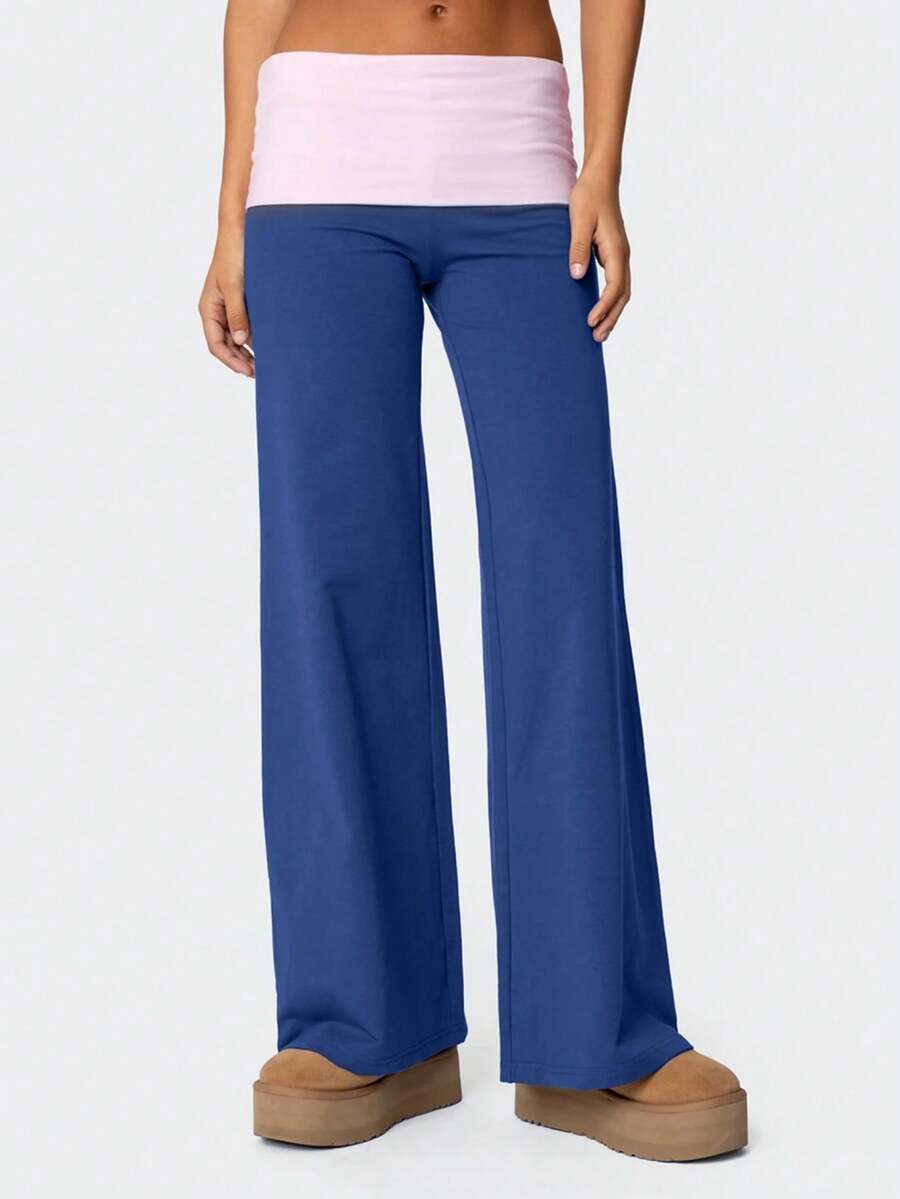 Women Fold Over Yoga Pants Low Rise Solid Color Stretch Casual Straight Wide Leg Palazzo Pants Loose Fit Comfy Flared Leggings Gym Lounge Pants Bootcut Bell Bottoms Baggy Sweatpants Teen Girl Back To School Bottoms Y2k Streetwear - Xanh Hồng - Xem 1