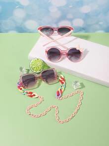 1set 3pcs Boys' And Girls' 6-12Y Polycarbonate Cat Eye Square Frame Retro Versatile Fashion Glasses And1pc Buckle Glasses Chain, Outdoor Travel Festival Party Outfit - Multicolor - View 3